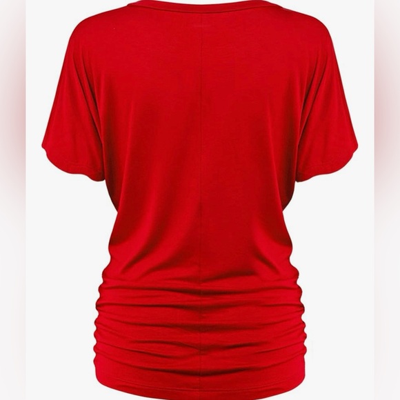 Women's Solid Short Sleeve Boat Neck V Neck Dolman Top with Side Shirring - Picture 3 of 5